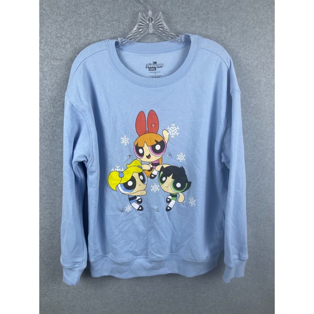 Cartoon Network Powerpuff Girls Sweatshirt Women's L Blue Lights Broken Crew